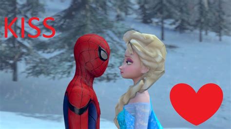 elsa and spider man|spider man and elsa kissing.